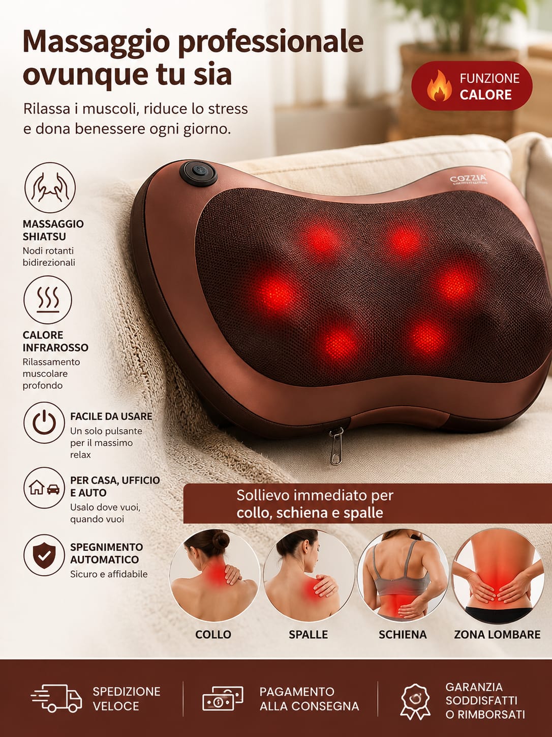 Cuscino Massaggiante Shiatsu con Calore – Massaggio Profondo per Collo, Schiena e Spalle | Sollievo Immediato dal Dolore