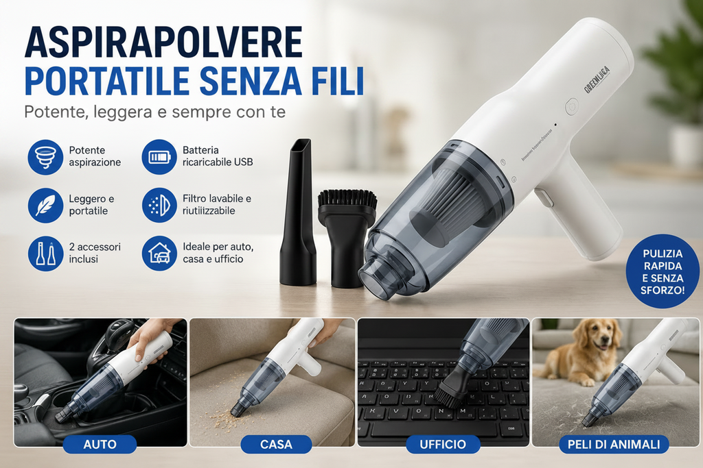 Aspirapolvere Portatile Senza Fili Ricaricabile – Potente, Leggero e Compatto per Auto, Casa e Ufficio